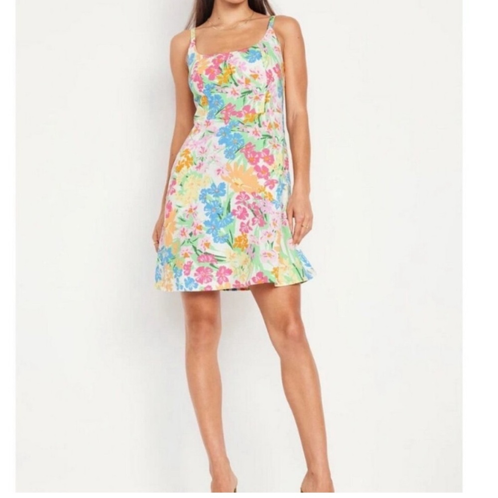 Old Navy Fit & Flare Cami Mini Dress Linen Blend Pink/Orange Floral XS Tall
